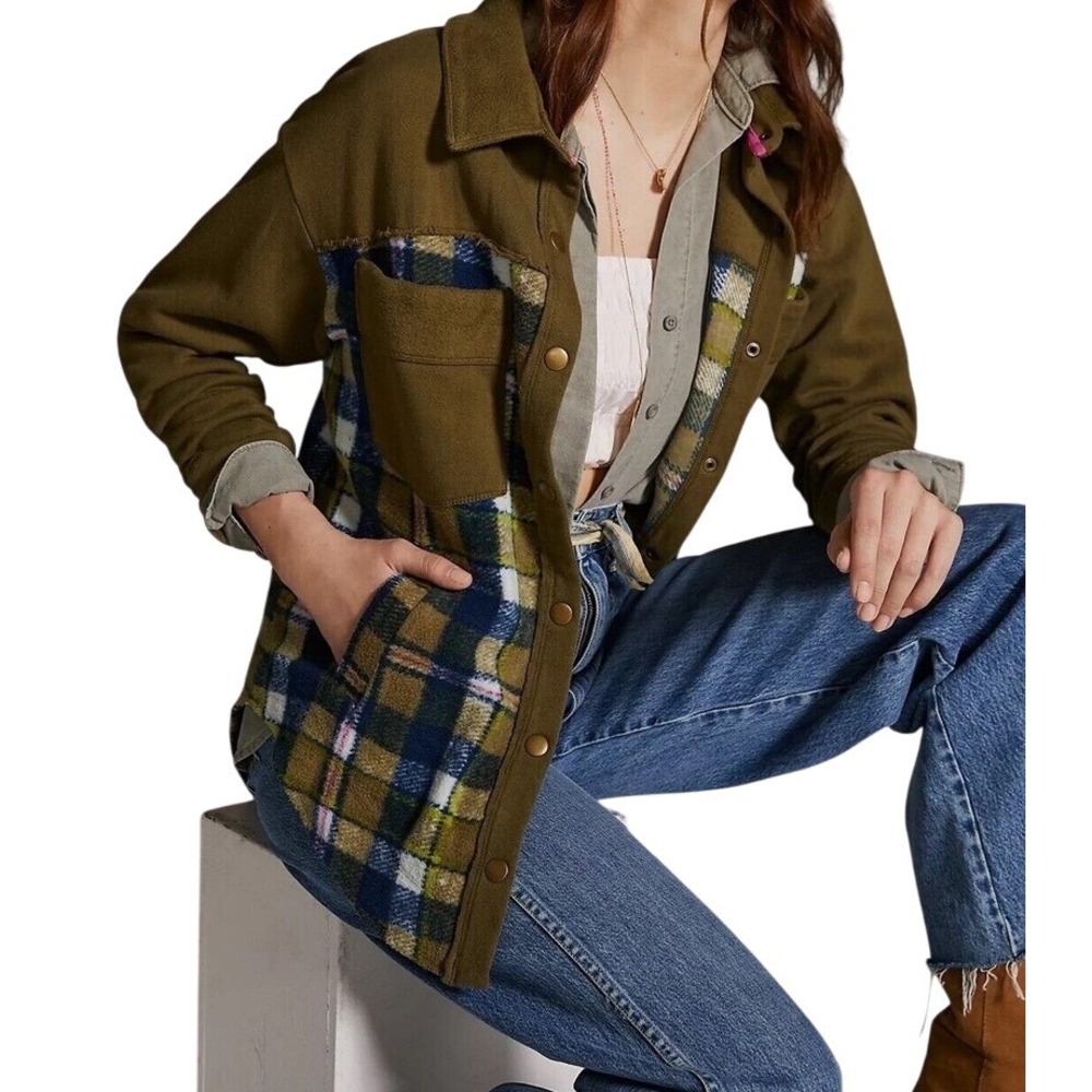 Pilcro by anthropologie plaid contrast flannel shirt jacket small army green